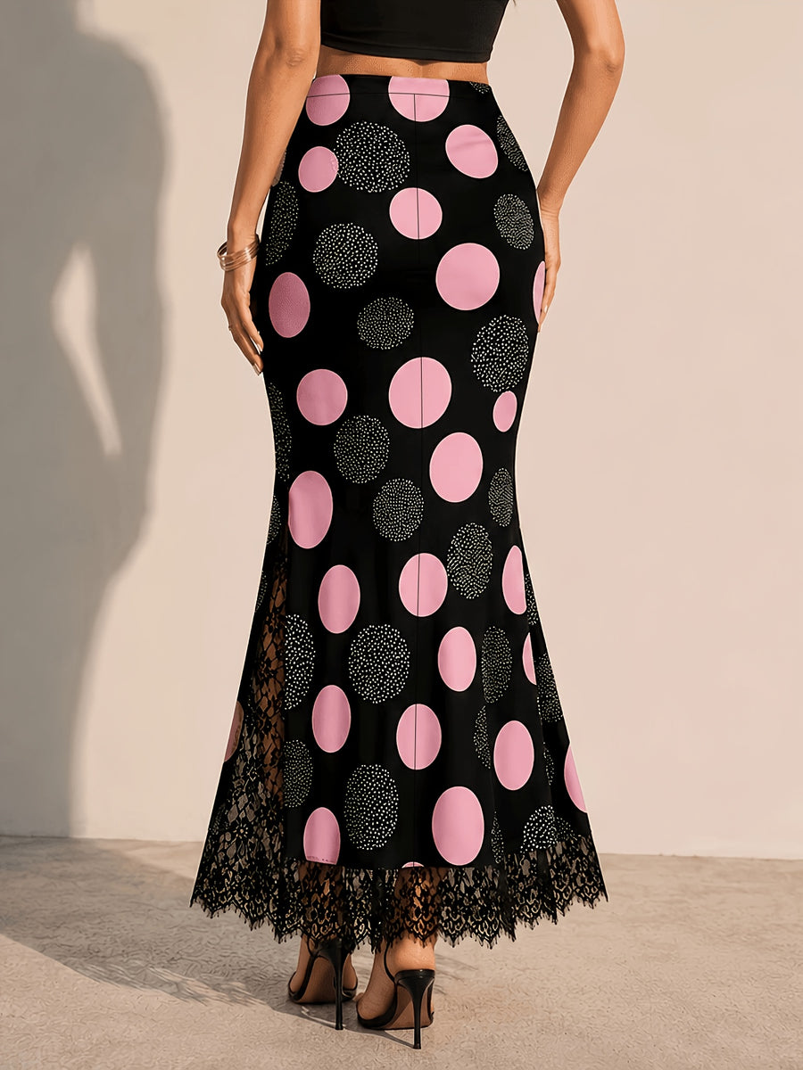 Women'S Polka Dot Print Comfortable Elastic Waist Half Skirt, Lace Panel Design, Elegant Fashion Casual Skirt, Temperament Versatile Outing Vacation Casual Skirt - Black