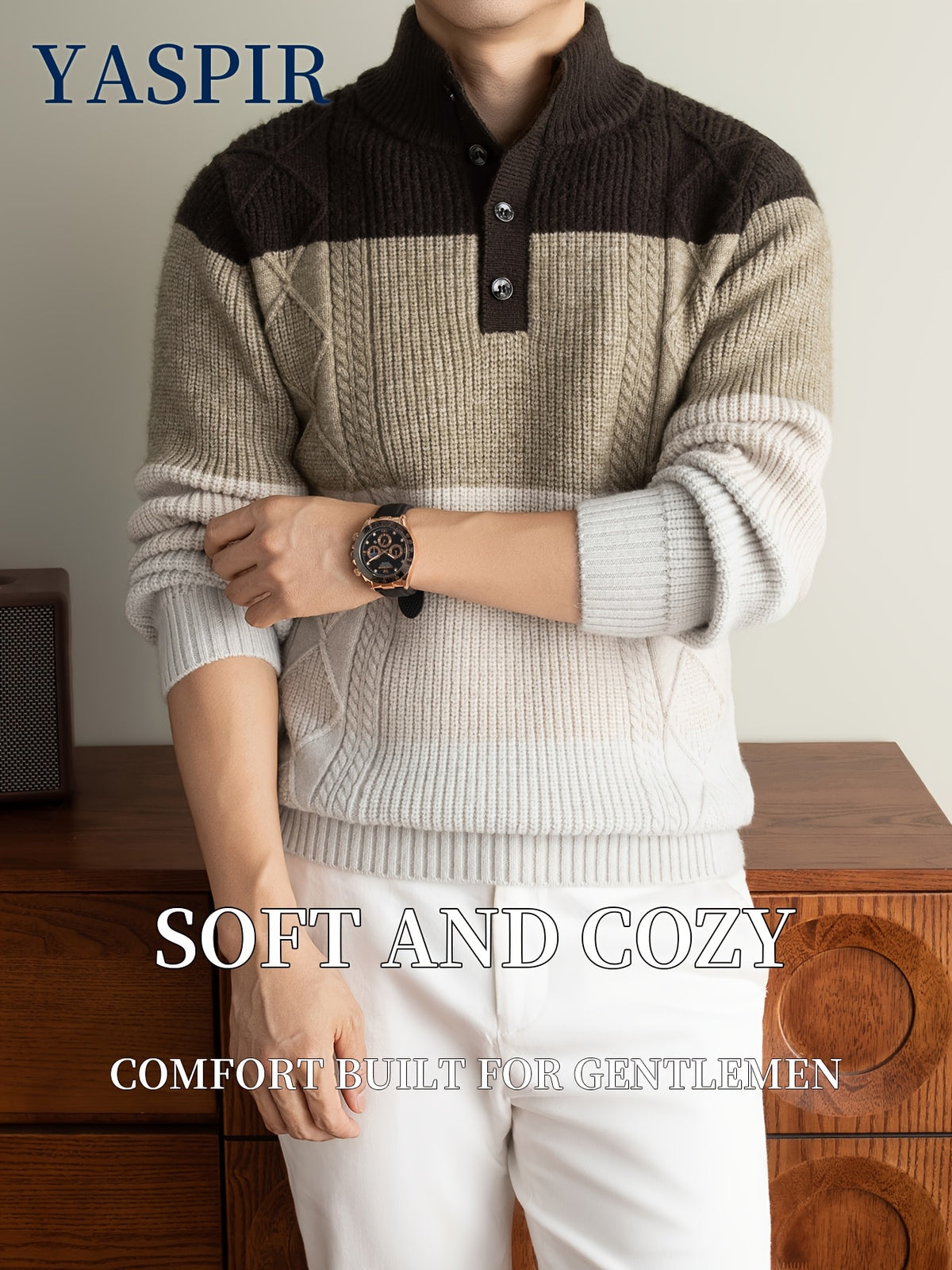 Autumn Winter Men'S High Neck Henley Long Sleeve Pullover Sweater Thick Heavyweight Style, Color-Block Jacquard Design, Casual Elegant Old Money Style, Warm And Cold-Resistant, Suitable for Daily Leisure Sports Outdoor Camping Fishing Wear, Knit - Coffee Color