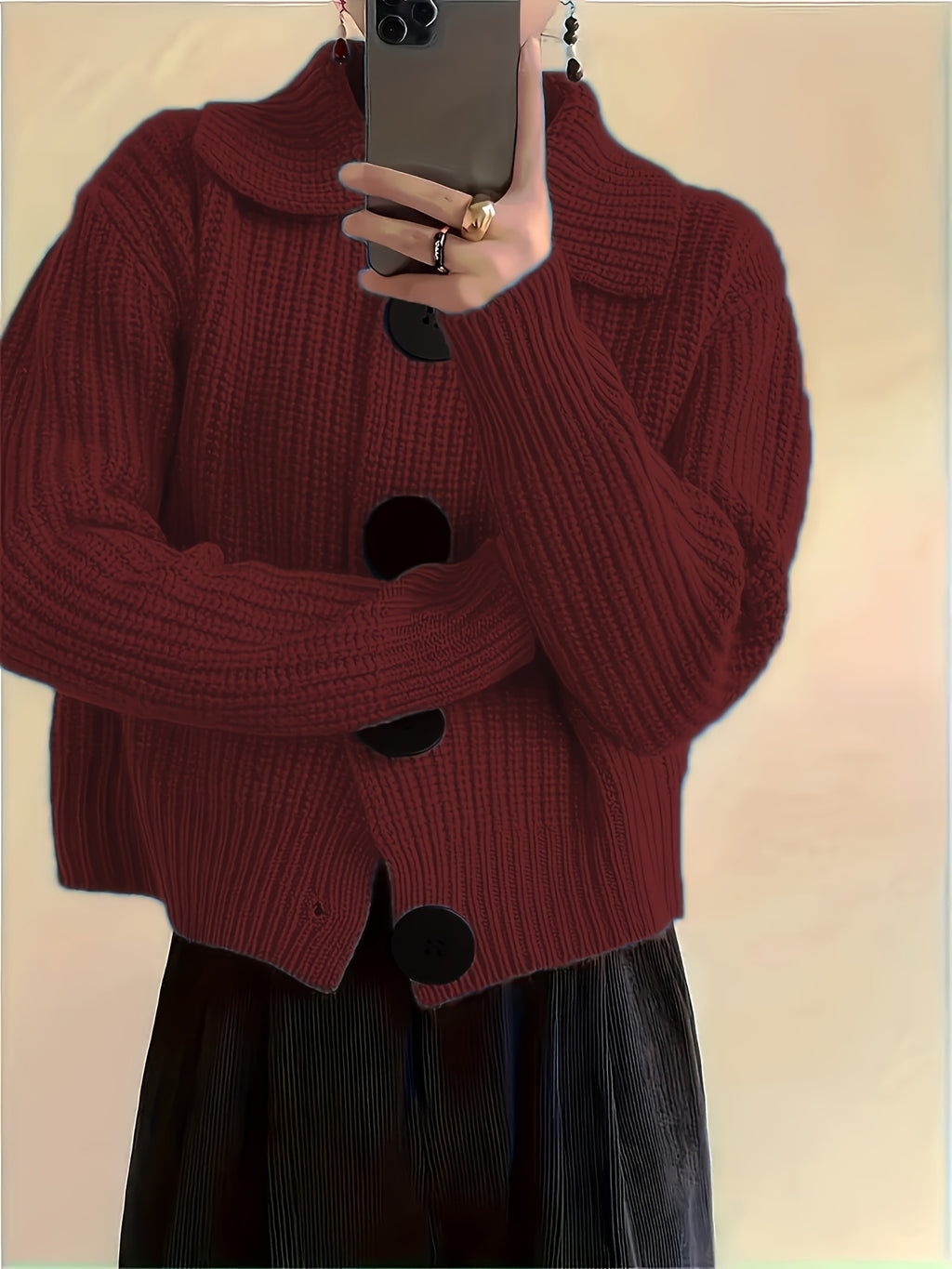 Solid Color Button-Front Cardigan, Korean Style Short Outerwear, Elegant for Vacation, Daily Commute - Deep Red
