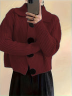 Solid Color Button-Front Cardigan, Korean Style Short Outerwear, Elegant for Vacation, Daily Commute - Deep Red