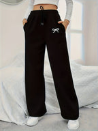 Fashion Women'S Jogging Bottoms - Drawstring Waist, Elasticated Cuffs, Fabric, All-Season Comfort with Trendy Print - Black