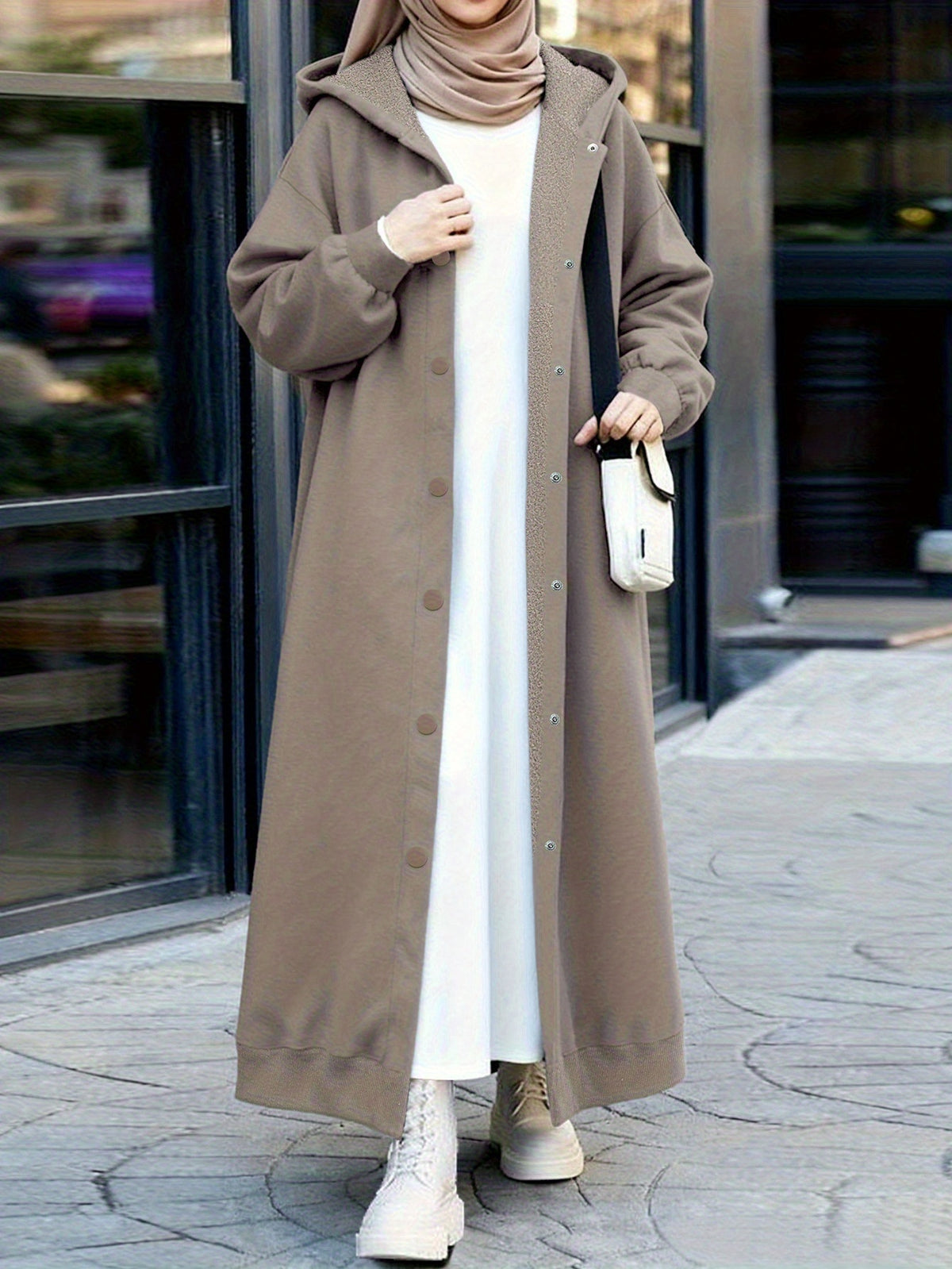 Ladies' Elegant Outfit Long Cardigan Hooded Solid Color Sweatshirt Jacket, Loose Casual Style Can Be Used As a Dress, Fleece Lining 2A11048 - Pale Pinkish Gray