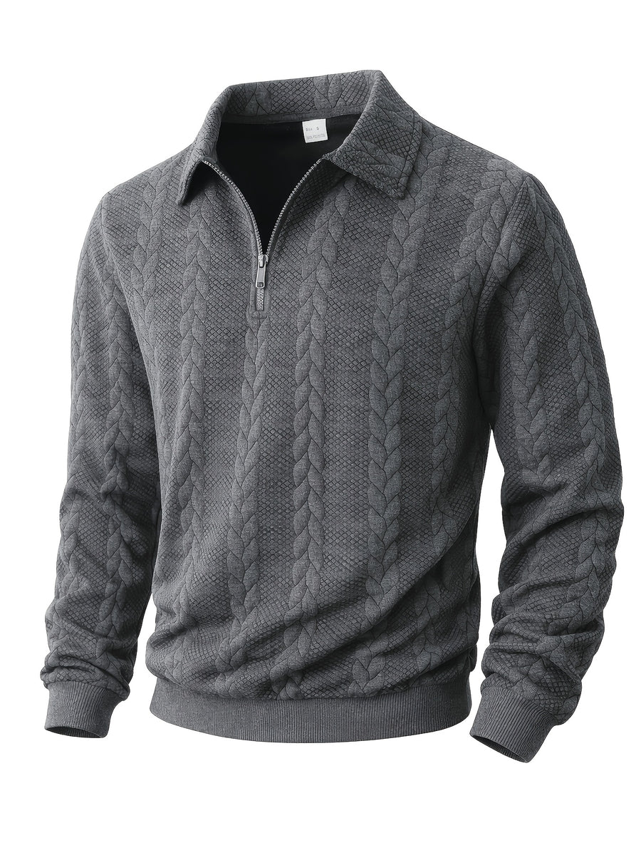 Men's Lapel Jacquard Knit Sweater for Spring, Autumn, and Winter, Casual Long-Sleeve Half-Open Front Zipper Fashionable Versatile Knit Outerwear Sweatshirt - Dark Gray