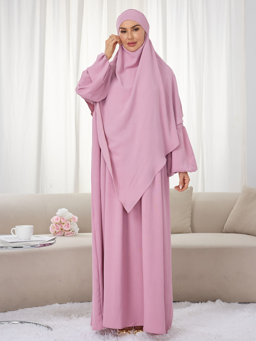2pcs Set (Khimar And Abaya) Solid Color Muslim Prayer Outfit, Convenient Pullover Style with Lantern Sleeves And Waist Pleats, Paired with Matching Plain Headscarf Hijabs, Essential for Casual Outings, Fashionable Item Prayer Jilbab - Bright Pink Color