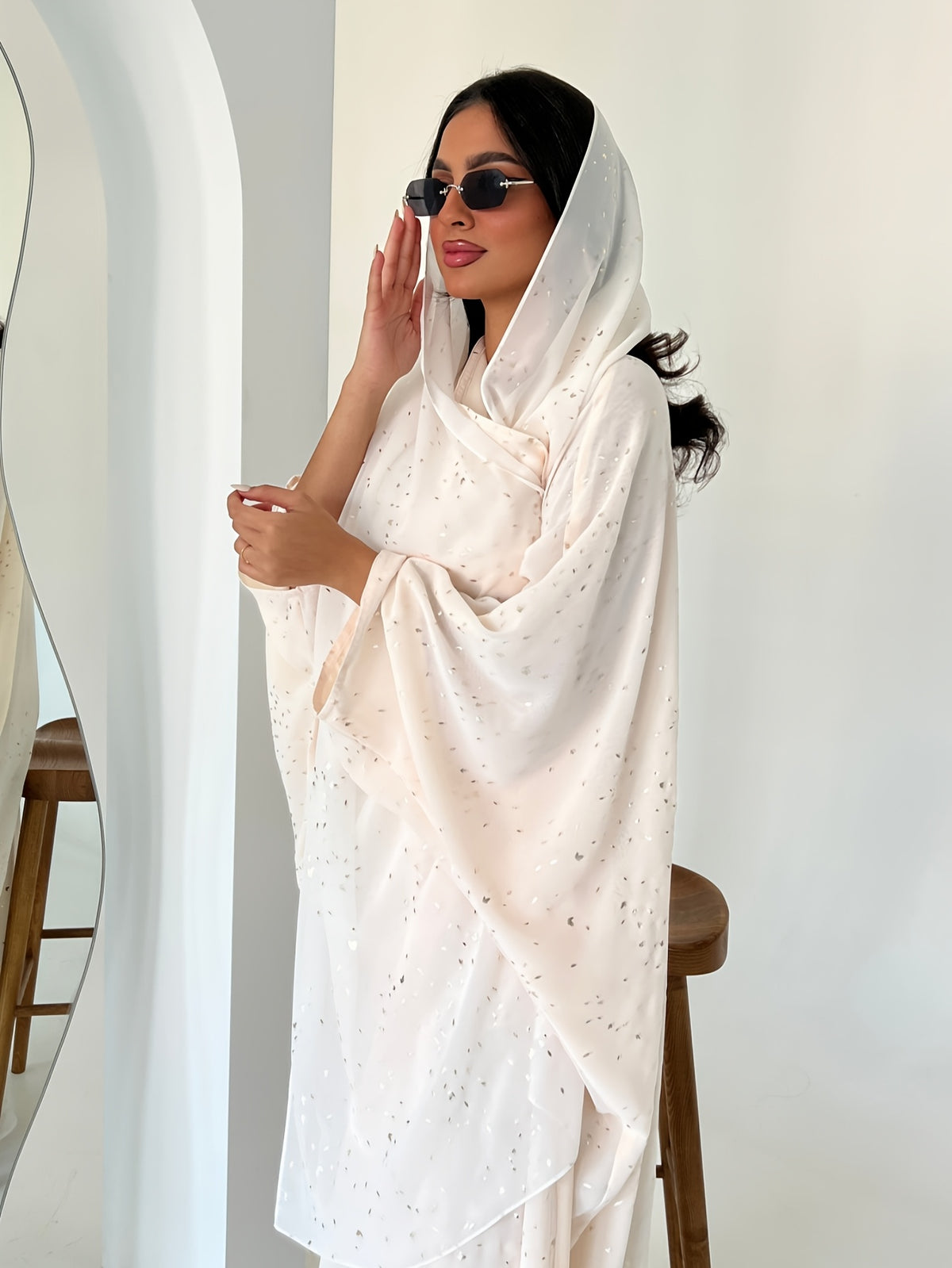 A Women's Sequin Embellished Open Abaya Cardigan & Matching Headscarf Set, Modest Dubai Fashion Outerwear - Apricot
