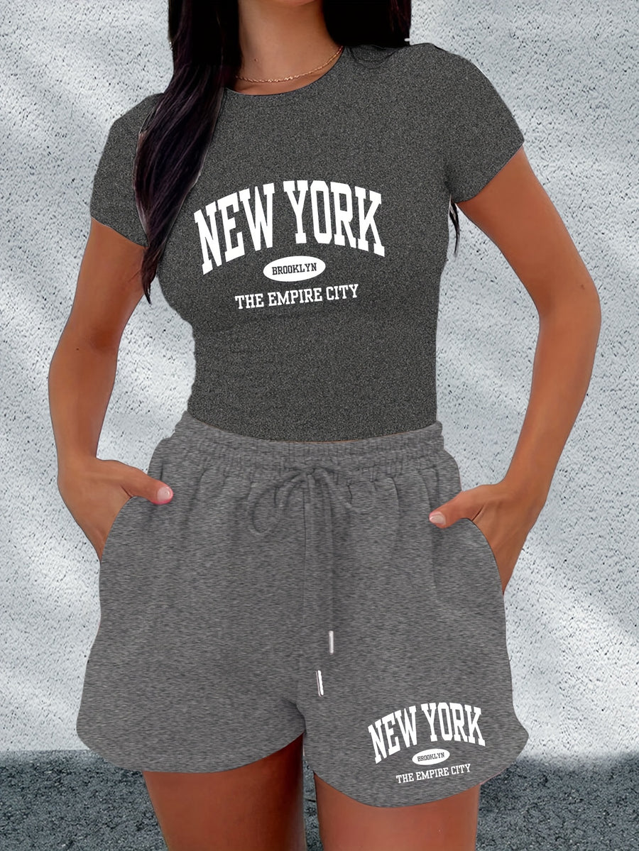 Summer Fashion Sticker Short Sleeve T-shirt and Shorts Two-piece Casual Sports Suit X4071 - Dark Gray