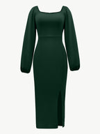 New European and American Style Fashion Slimming Split Long Sleeve Dress Trend - Dark Green