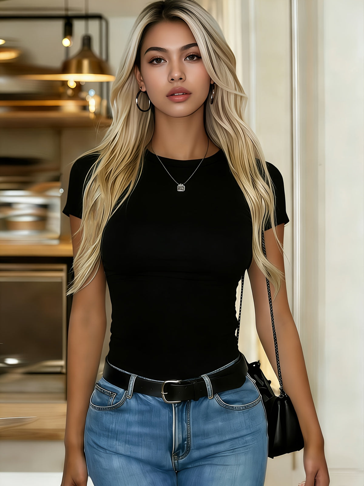 2pcs Set Women'S Elegant Solid Short Sleeve Slim Fit Basic T-Shirts - Casual Fashion Versatile, Classic Round Neck Design, All-Season Pullover Top, Comfortable Stretch Fabric, Slim Fit Style, Machine Washable - Black+black