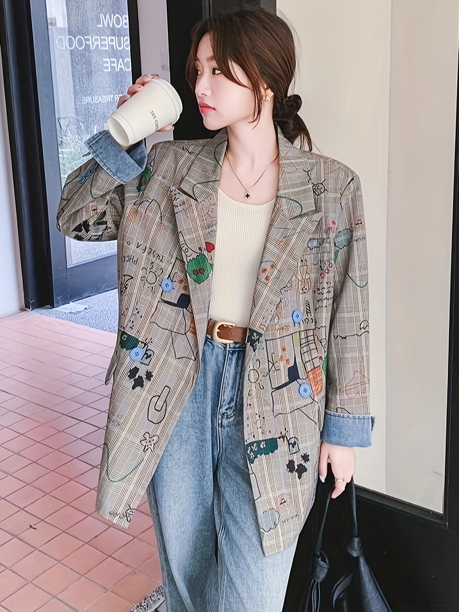 Women's Gray Plaid Blazer Jacket, Spring 2025 New Arrival, Street-Style Design, Loose Fit, Casual Graffiti Print Suit Jacket - Multicolor