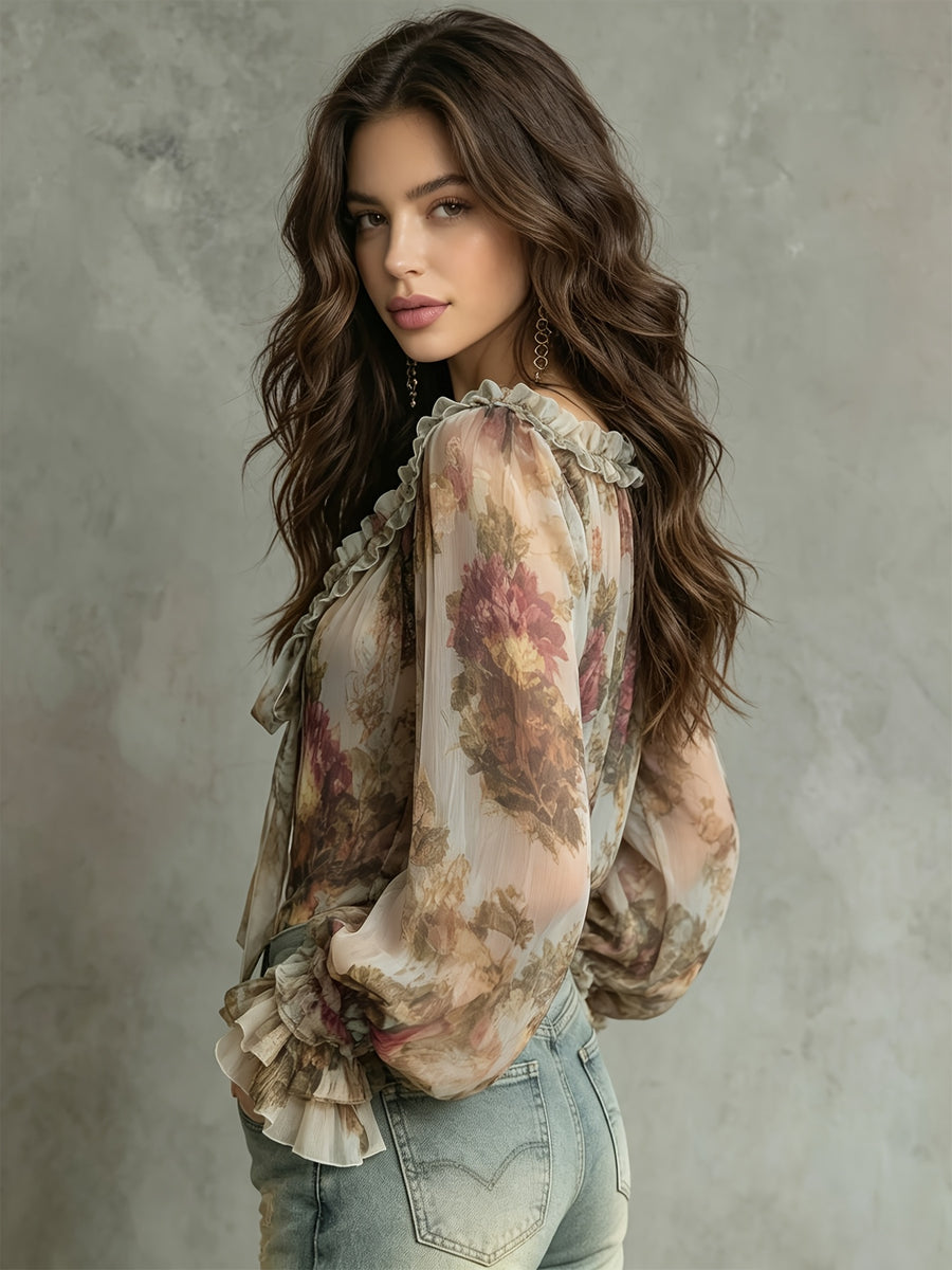 2026 New Romantic Floral Chiffon Blouse V-Neck Tie-Front Shirt Ruffled Trim Printed Top Watercolor Floral Top French Vintage Style Blouse Daytime Date Elegant Shirt Spring Summer Casual Top Commute Fashion Outfit - Paired with Jeans Picnic Or Cafe W - Multicolor