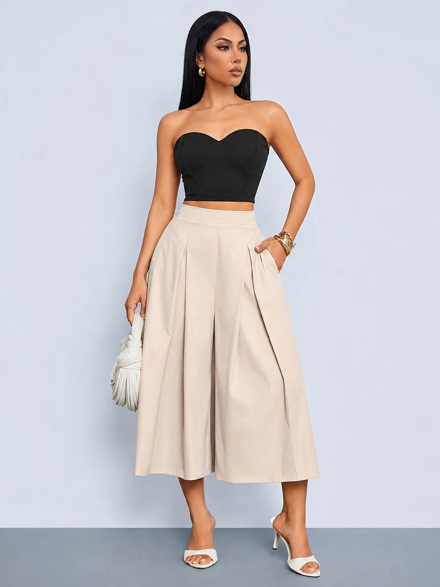 Women's High-Waist Culottes with Pockets, Pleated Wide-Leg Shorts, Casual Fashion Summer Work Pants, Serene Luxury Culottes with Pockets, High-Waist Pleated Wide-Leg Shorts - Apricot