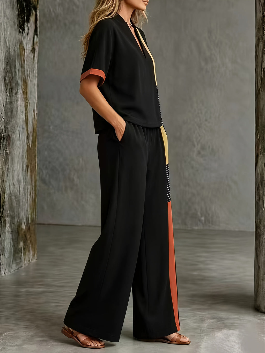 2026 Black, Yellow, and Orange Color Block Patchwork Set: Short Sleeve V-Neck Top + Wide-Leg Long Pants, Summer Vintage Casual 2pcs Set - Black