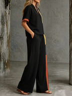 2026 Black, Yellow, and Orange Color Block Patchwork Set: Short Sleeve V-Neck Top + Wide-Leg Long Pants, Summer Vintage Casual 2pcs Set - Black