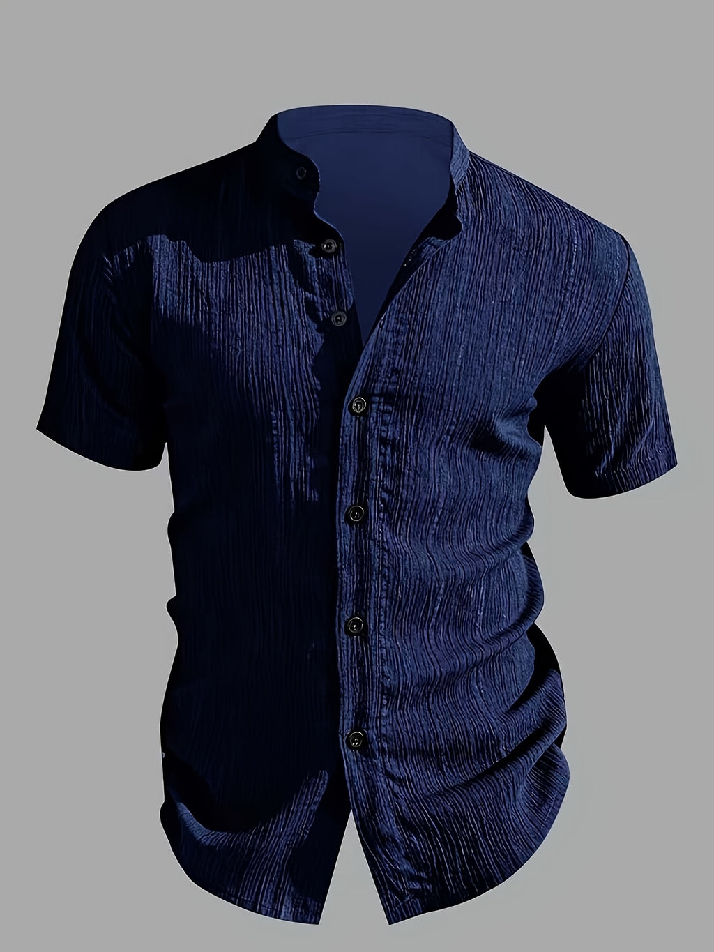 Henley Shirt 2026 Spring/Summer Men's New Apparel Men's T-Shirt Henley Shirt Stand Collar Shirt -  Product, Casual Fashion Unique Design, Plaid Button- Textured Shirt, Suitable for Pool, Outdoor Vacation, Travel, Seaside Beachwear, 1pc Outfit - Navy Color