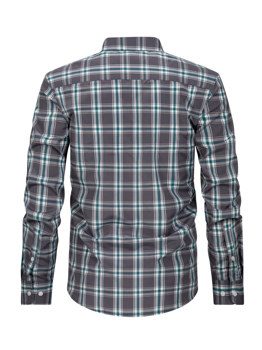 New Plaid Shirt for Men, Long Sleeve, European/American Sizing, Suitable for All Seasons and Commuting, Two-Tone Color Block Design, Four-Season Casual Shirt. Ideal for Men's Daily Wear, Vacation, Leisure, and Streetwear. The Casual Plaid Shirt - Green Gray Grid