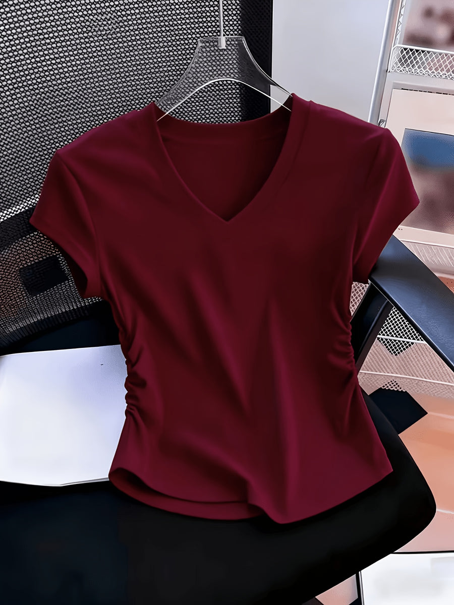 Women'S 3pcs American Retro Casual V-Neck Short Sleeve T-Shirt Spring Summer Slim Short Sleeve Waist Ruched T-Shirt - Mixed colors