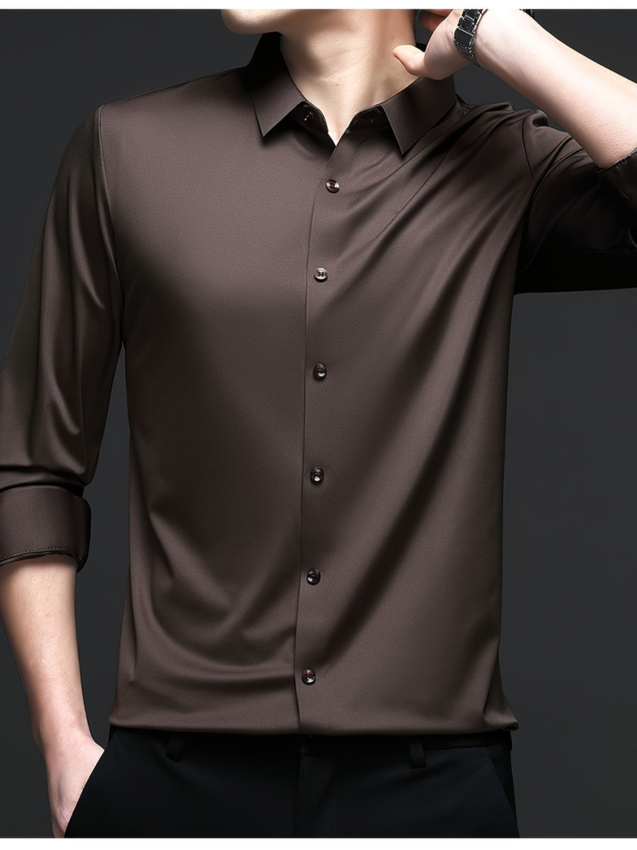 High-end Men's Casual Fashion Wrinkle-Resistant Thin Seamless Stretch Business Solid Color No-Iron Long Sleeve Shirt - Coffee Color