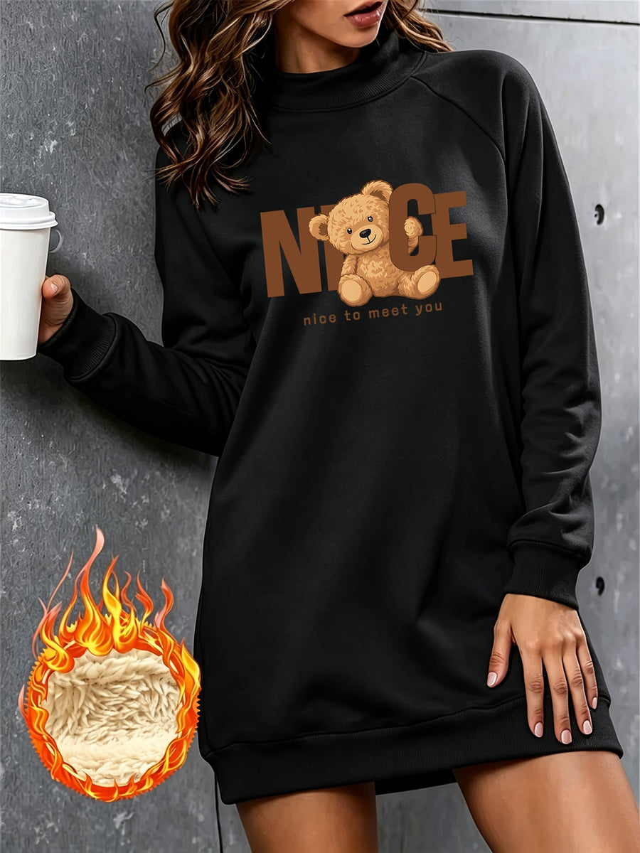 NICE Letter Bear Print Half-Turtleneck Long -Lined Sweatshirt for Women, Autumn/Winter Loose Fit Casual Sweatshirt Dress - Black