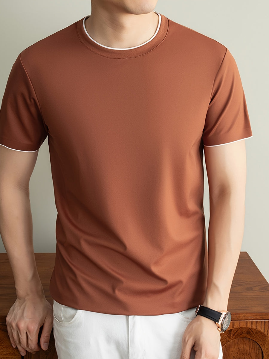 Summer Men'S Short Sleeve T-Shirt Casual Round Neck Solid Color Comfortable Cooling Breathable Polo Shirt - Orange
