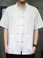 New Men's Short-sleeved Casual Shirt, Comfortable Pure Cotton, Chinese Knot Button, Tang Suit Style Top, Stand Collar, Ethnic Style, Hanfu, Simple and Versatile Men's Shirt - White
