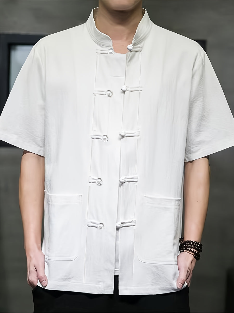 New Men's Short-sleeved Casual Shirt, Comfortable Pure Cotton, Chinese Knot Button, Tang Suit Style Top, Stand Collar, Ethnic Style, Hanfu, Simple and Versatile Men's Shirt - White