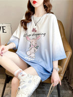 New Summer Collection of Plus-Size Loose-Fitting Stylish Cartoon Print Women'S Mid-Length Short-Sleeve T-Shirts - Light Blue