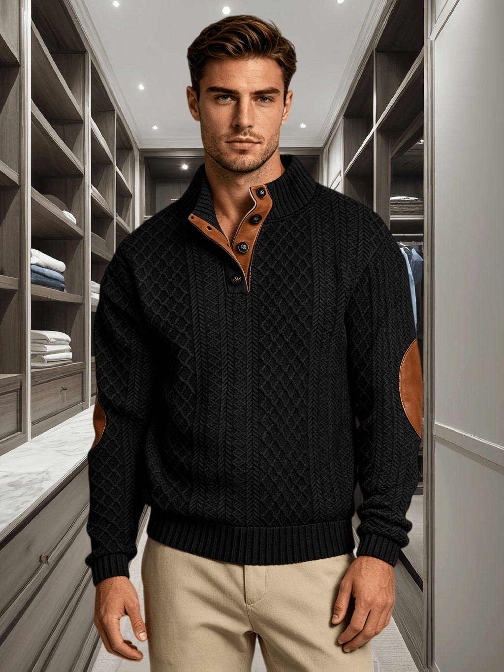 5pcs Set Men's Textured Jacquard Knit Vintage Casual Button-Up Stand Collar Long Sleeve Top, Versatile Basic Solid Color for Autumn/Winter Outings and Home Wear - Black 3+ Sky Blue 2