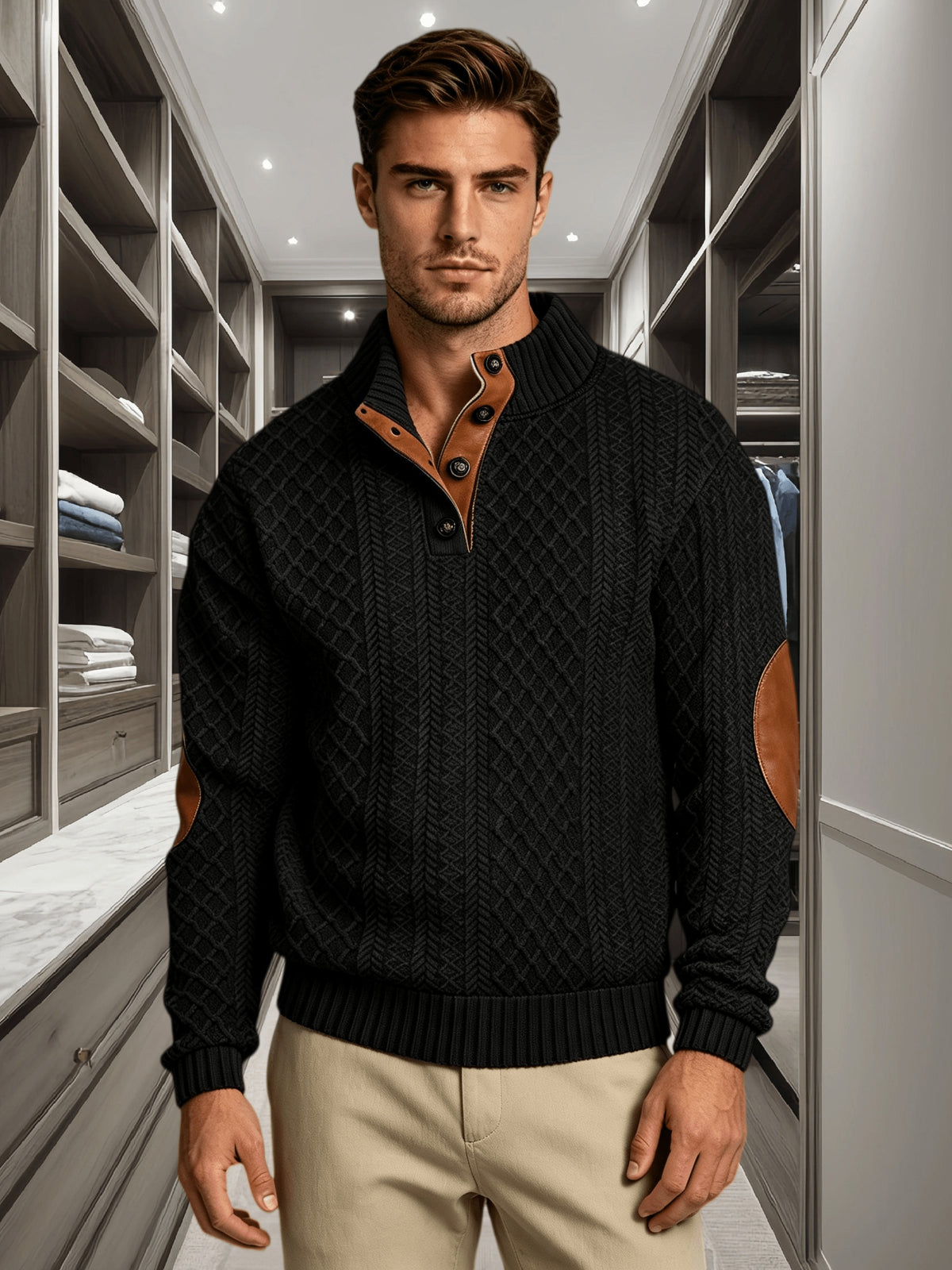 5pcs Set Men's Textured Jacquard Knit Vintage Casual Button-Up Stand Collar Long Sleeve Top, Versatile Basic Solid Color for Autumn/Winter Outings and Home Wear - Black 3+ Sky Blue 2