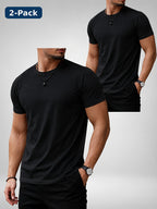 2pcs Men'S Round Neck Short Sleeve Top Set, Round Neck Solid Basic Style Multi-Piece Set, Soft -Like Fabric, Easy And Timeless, Easy to Match, Daily Replacement And Base Layer Short Sleeve Top, Suitable for Commuting, Casual And Home Wear - Black+black