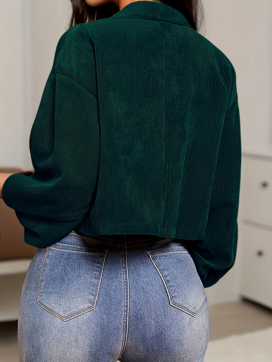 Autumn Winter New Jacquard Lapel Solid Color Coat Women'S Fashion Pinstripe Button Design Casual Jacket - Dark Green