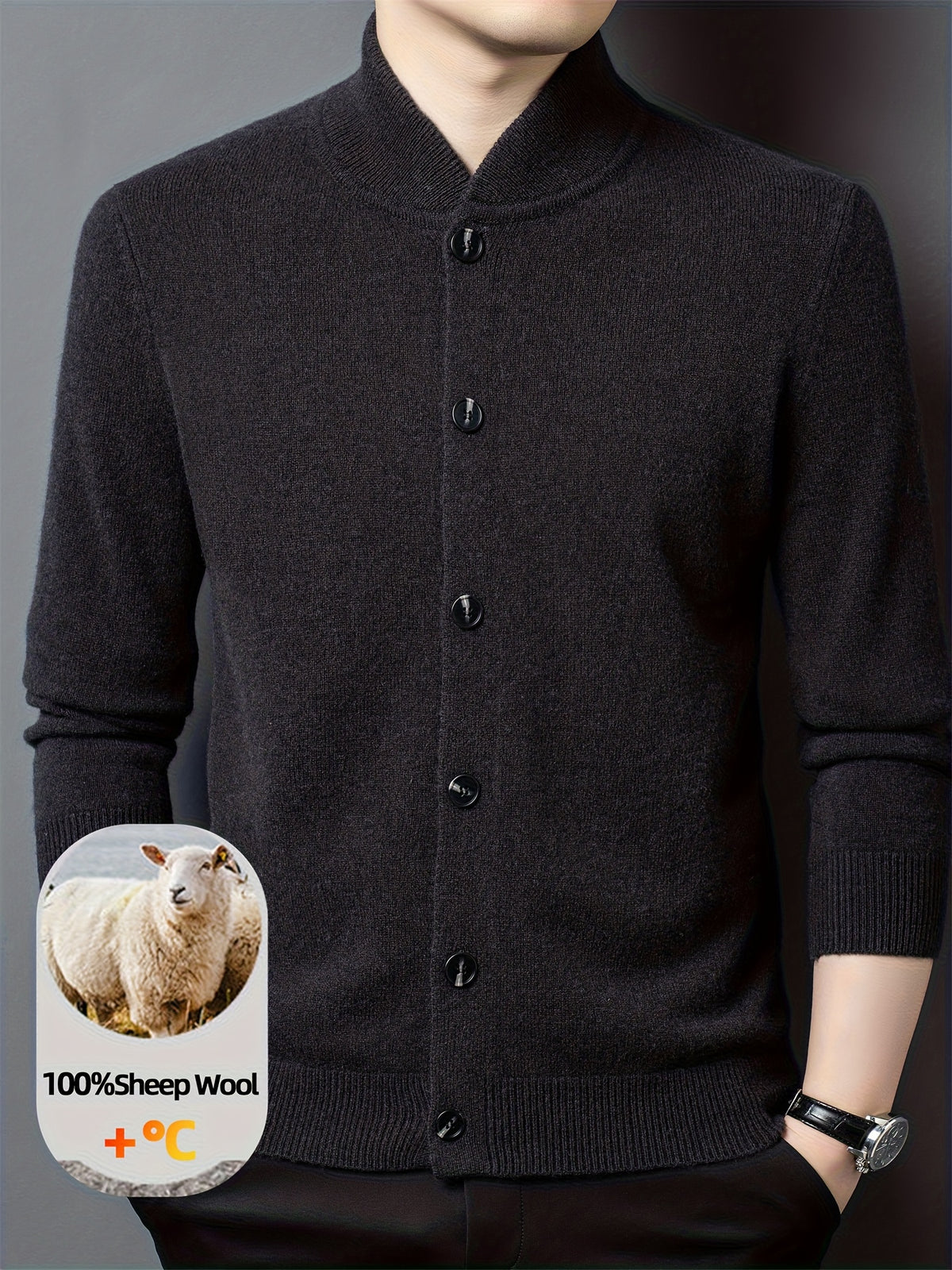 Xingfan OBM 2025 Autumn/Winter Men's 100% Wool Stand Collar Knit Cardigan, Crafted from Premium Pure Wool. Featuring a Simple yet Elegant Stand-up Collar and Single-breasted Button Design for Strong Warmth Retention. The Standard Fit Is Suitable - Dark Gray