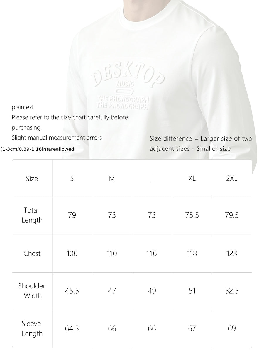 1pc, Men'S Long-Sleeve Sweatshirt, 3D Embossed Letter Crew Neck Top, American Street Casual Style, 2026 Fall And Winter Regular Fit, Men'S Clothing for Daily Commute, Shopping, Parties, Home Wear, Outings, Men'S Sweatshirt - White