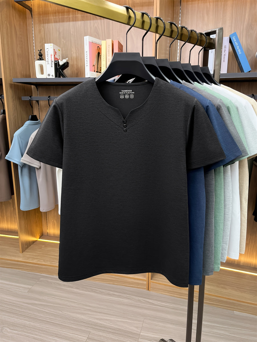 [Qiaoximei OBM] Summer New Men'S Henley Shirt, Collarless Solid Color Top, Faux Button Decoration, Golf Casual Wear, Suitable for Outings And Casual Wear, Men'S Gift - Black