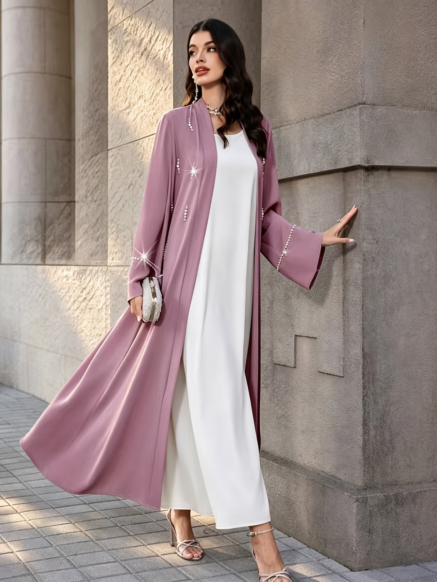 1pc Women Open Front Abaya Cardigan, Elegant Pearl Rhinestone Embellished Long Sleeve Maxi Outerwear, Modest Islamic Dubai Style Abaya Coat for Party Evening - Pale Pinkish Gray