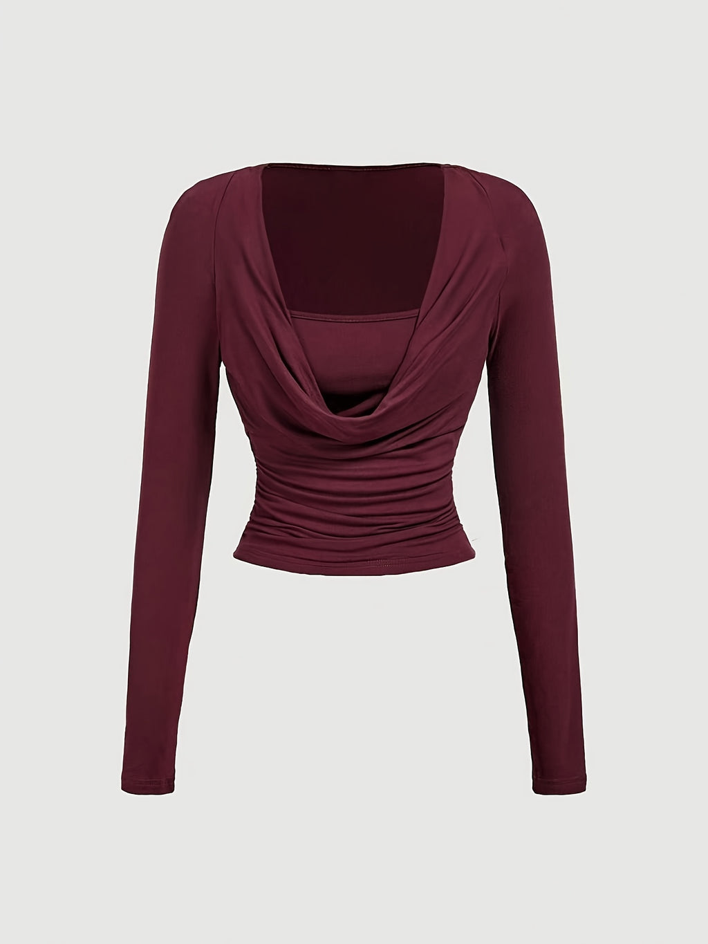 Ruffle Round Neck Slim Fit Long Sleeve T-Shirt, Burgundy, Halloween, Party, Outing, Western, Rural, Ruffled Top, Pleated Top, Long Sleeve Top, Red Top - Burgundy