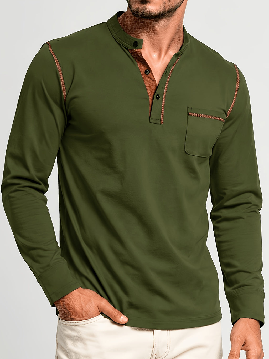 2pcs Men'S Autumn Winter Stand-Collar Long Sleeve Henley Shirts, Contrast Color Pinstripe Polo Shirts with Pockets, Soft And Breathable Sweat-Absorbing, Business Casual Basic Long Sleeve Top, Skin-Friendly Soft Fabric Comfortable, Sweat-Resistant - Army Green+Wine Red