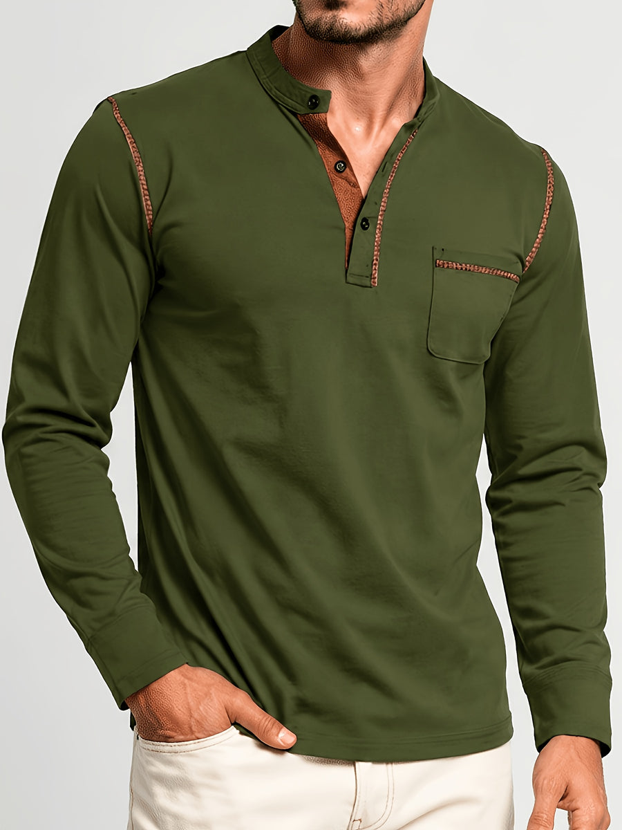 2pcs Men'S Autumn Winter Stand-Collar Long Sleeve Henley Shirts, Contrast Color Pinstripe Polo Shirts with Pockets, Soft And Breathable Sweat-Absorbing, Business Casual Basic Long Sleeve Top, Skin-Friendly Soft Fabric Comfortable, Sweat-Resistant - Army Green+Wine Red