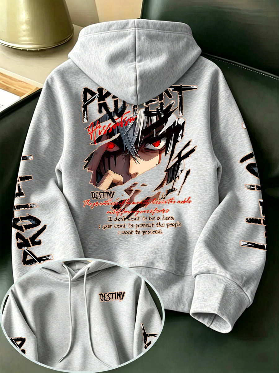 Limited-Time Special Offer: Single-pc Unisex Black Knitted Hooded Sweatshirt with Anime Boy Portrait Graffiti and English Print, Trendy Cool Anime-Style Loose Drop-Shoulder Hoodie for Spring/Autumn, Casual Wear for Outings and Gatherings - Light Grey