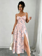 Elegant Printed Bohemian-style High-slit Zipper Dress for Women, Suitable for Weddings, Spring/summer Vacations, and Other Occasions, Elegant and Charming - Pale Pinkish Gray