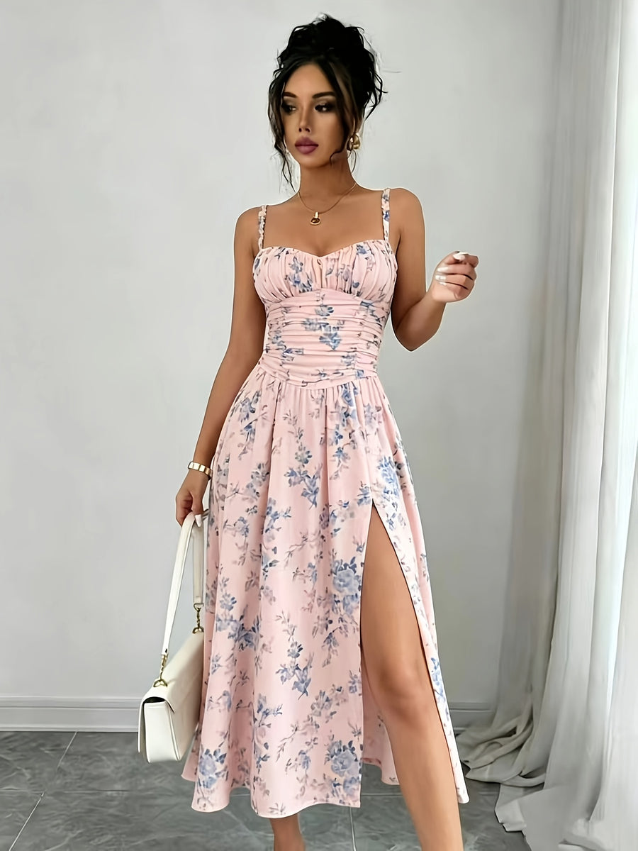 Elegant Printed Bohemian-style High-slit Zipper Dress for Women, Suitable for Weddings, Spring/summer Vacations, and Other Occasions, Elegant and Charming - Pale Pinkish Gray
