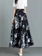 New Spring/Summer Women's Elegant Half-Length Skirt, Ladies' Commuter Maxi Skirt, Draped Casual Chic Apparel, High-Waist A-Line Temperament Long Skirt, Flared Skirt - Black