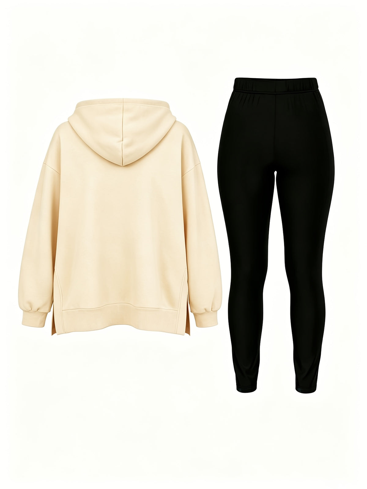 Autumn/Winter Set: Hooded Sweatshirt And Fitted Long Pants (Pattern Print Design) - Apricot + Black