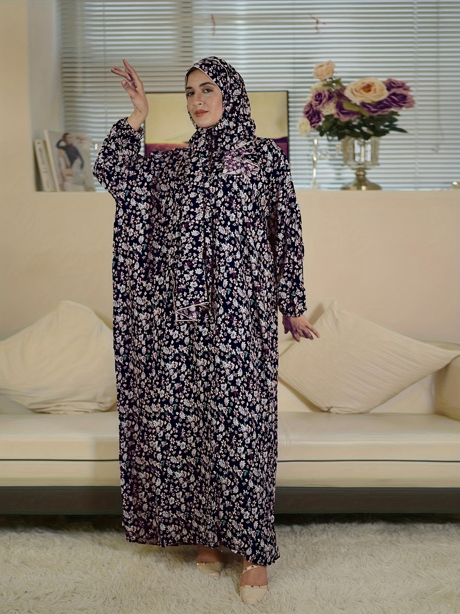 A Comfortable And Breathable New Style Fashion Printed Long Robe Dress for Sudanese Women. - Navy Color
