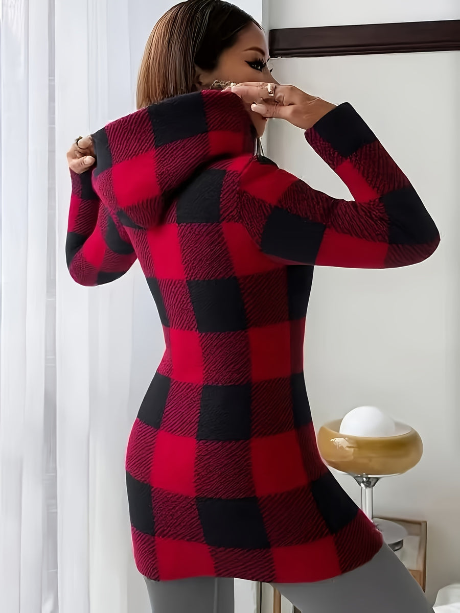 Plaid Printed Double-Faced Plush Hooded Zipper Cardigan Casual Women'S Autumn Winter Plush Coat - Brick Red