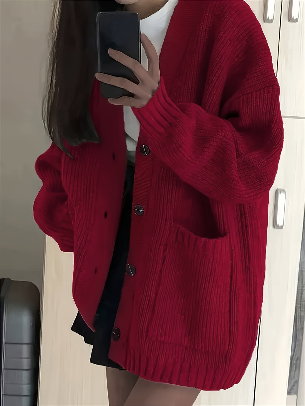 Casual V-Neck Single-Breasted Sweater Coat for Women with Double Pockets, Autumn and Winter Cardigan - Burgundy