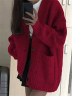 Casual V-Neck Single-Breasted Sweater Coat for Women with Double Pockets, Autumn and Winter Cardigan - Burgundy