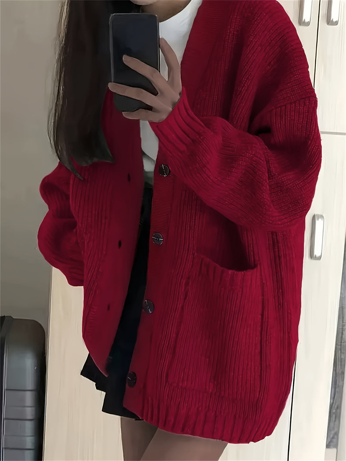 Casual V-Neck Single-Breasted Sweater Coat for Women with Double Pockets, Autumn and Winter Cardigan - Burgundy