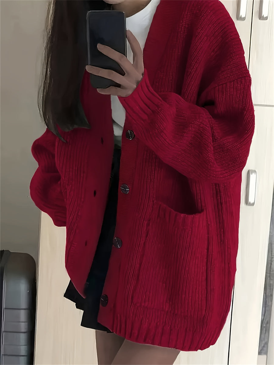 Casual V-Neck Single-Breasted Sweater Coat for Women with Double Pockets, Autumn and Winter Cardigan - Burgundy