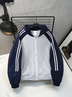 Basic Men's Hooded Sweatshirt Cardigan, Made of Comfortable, Skin-friendly Polyester That Resists Deformation. Features a Raglan Sleeve Design with Dual Side Stripes, a Full-zip Front Placket, and Large-capacity Side Pockets. The Loose, Casual Winter - Light Twist Gray