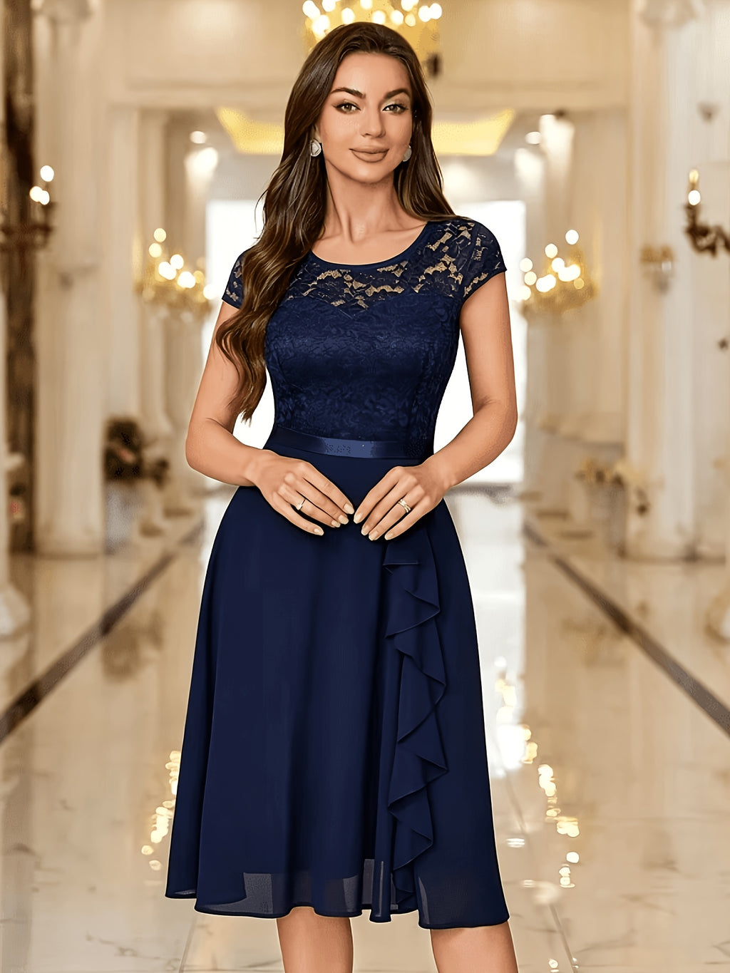 Women's Elegant Round Neck Cap Sleeve Floral Lace Trim Chiffon Flared Ruffle Hem Short Party Dress Wedding Guest Dress - Navy Color